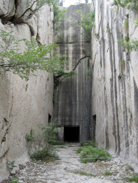 Rock-cut Tomb with many tree branches growing out from in between some rocks on the cave walls.