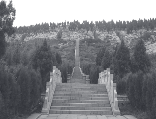 Staricase leading to Shizishan tomb, pathway is lined with trees.